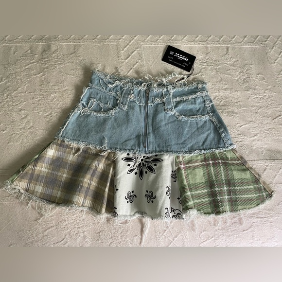 NWT Jaded London Denim Check Plaid Mix Mini Peplum Skirt sz 6 - Picture 1 of 7